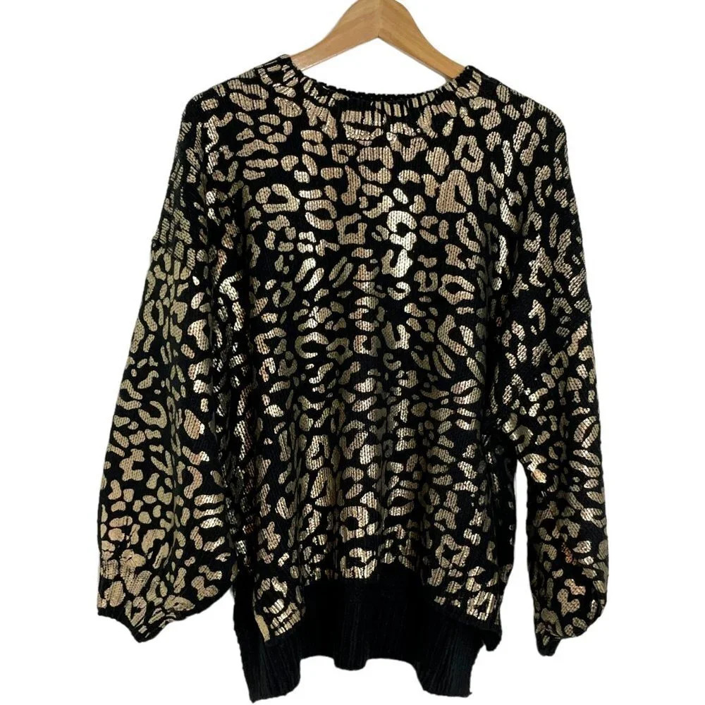 ANDTHEWHY Womens Plus Size 2X Sweater Foil Leopard Print Long Sleeve‎ Pullover